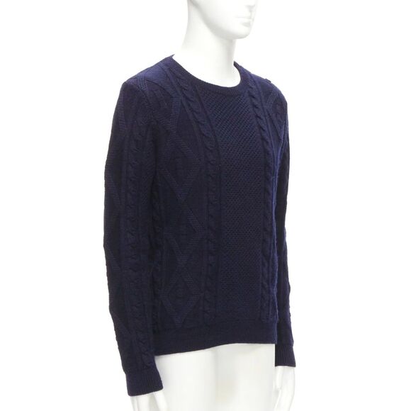 APC Navy Blue 100% Wool Cable Knit Crewneck Sweater Men’s Small Button Shoulder - Picture 9 of 10